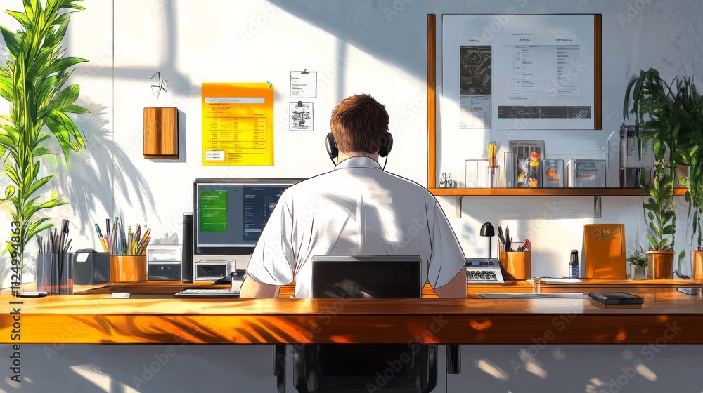 Poster professional workspace with a person focused on computer tasks during daylight hours