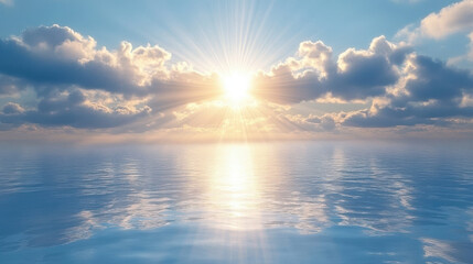 serene ocean scene at sunrise with rays of sunlight reflecting on water