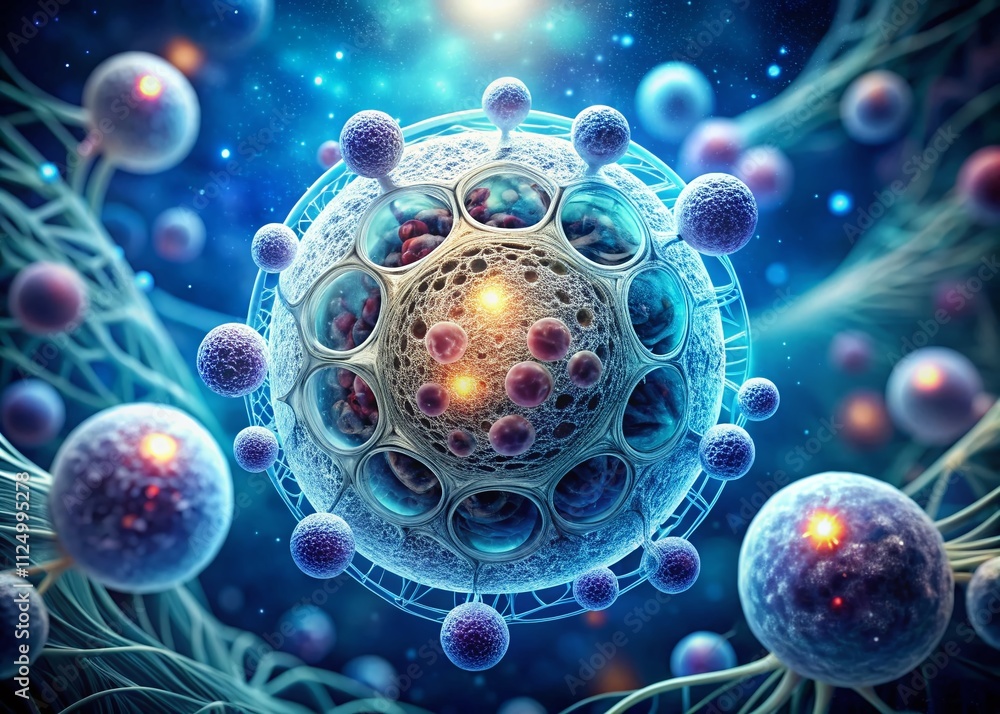 Poster close-up digital illustration of quantum biology inside a single cell: a minimalist perspective on c