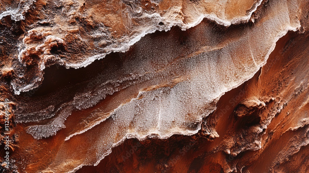 Poster abstract view of martian ice formations with thin frozen sheets and frost particles on rugged, red-c