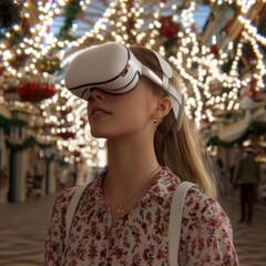 Obraz premium Teenage Girl in VR Headset Explores Virtual World with Festive Christmas Market Background