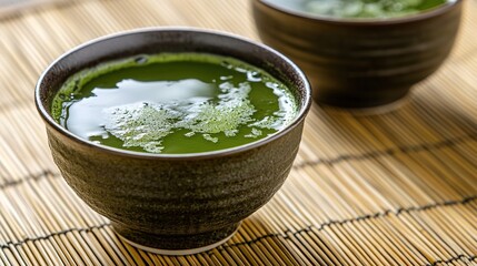 minimalist presentation of matcha green tea in traditional japanese teacup placed on bamboo mat