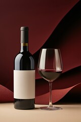 A Wine Bottle with a Blank Label Standing Upright Captured in a Minimalist Setting Highlighting Its Elegance and Mystery