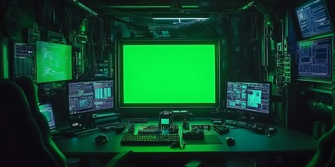 Fototapeta premium Hacker's workspace with green screen monitor.
