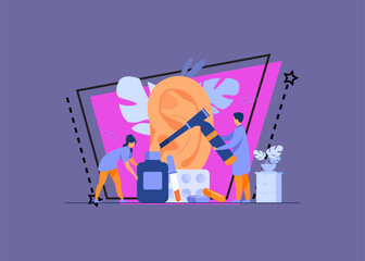 Tiny doctors treating or examining patients ear, using otology tool, carrying bottles and blisters with pills. Vector illustration for otolaryngology, health care, hearing loss concept