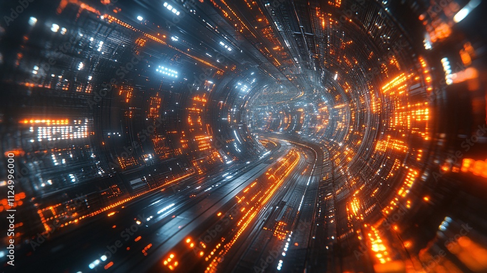 Poster a vibrant tunnel of lights, featuring glowing orange and blue patterns, creating a futuristic digita