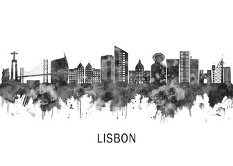Obraz premium Lisbon Portugal Skyline BW, landscape watercolor abstract painting travel illustration urban art modern downtown landmarks skyscrapers artwork