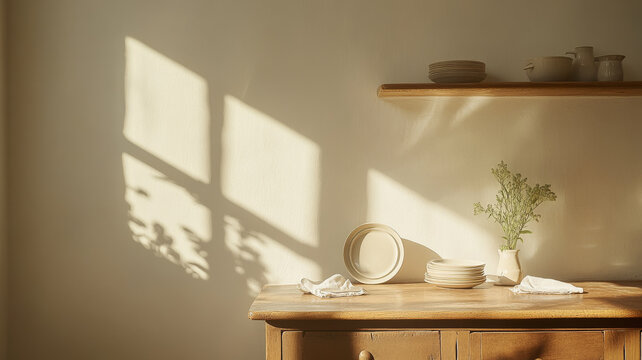 A serene kitchen scene featuring wooden table with neatly arranged plates and vase of greenery. Soft sunlight casts gentle shadows on wall, creating warm and inviting atmosphere