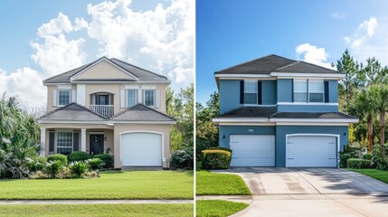 A split image showing the exterior of a house before and after an upgrade or new paint job.