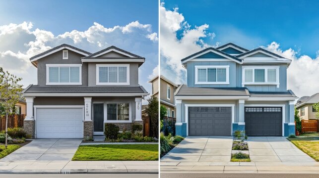 A split image showing the exterior of a house before and after an upgrade or new paint job.