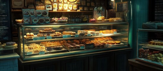 Delicious pastries and cakes displayed in a glass case at a bakery.