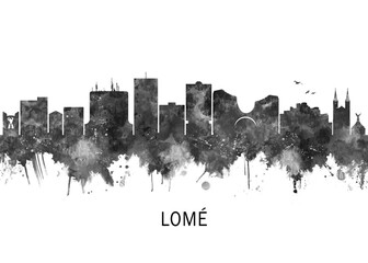 Fototapeta premium Lome Togo Skyline BW, landscape watercolor abstract painting travel illustration urban art modern downtown landmarks skyscrapers artwork