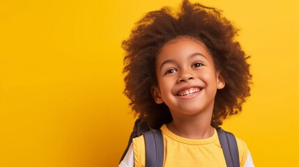 Cute girl, a junior school student, stands with a backpack on her back looking at camera getting ready to go to school. Concept of back to school, learning, school times, banner with copyspace