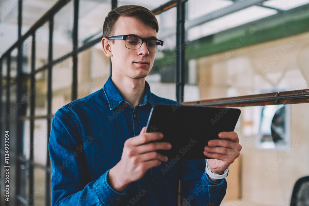 Poster serious hipster guy in eyeglasses reading information from internet web page using good connection o