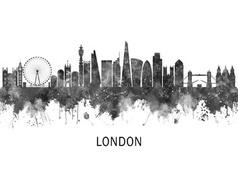 Fototapeta premium London England Skyline BW, landscape watercolor abstract painting travel illustration urban art modern downtown landmarks skyscrapers artwork