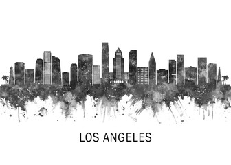 Obraz premium Los Angeles California Skyline BW, landscape watercolor abstract painting travel illustration urban art modern downtown landmarks skyscrapers artwork