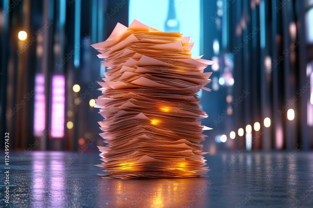 Aufkleber A 3D-rendered document stack with realistic textures, glowing from embedded holographic details in a futuristic setting