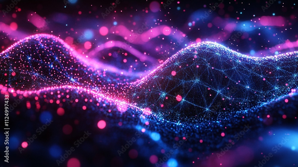 Aufkleber a vibrant abstract representation of dynamic waves, illuminated by glowing particles in shades of pi