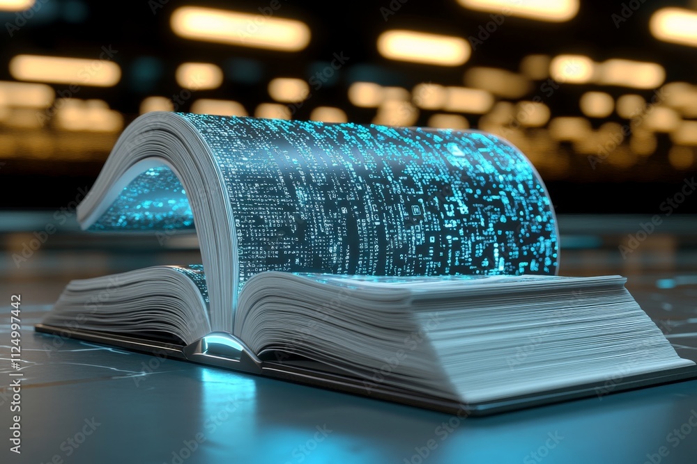 Aufkleber A 3D-rendered document stack with realistic textures, glowing from embedded holographic details in a futuristic setting