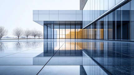Fototapeta premium Modern glass building reflecting on wet pavement at sunset