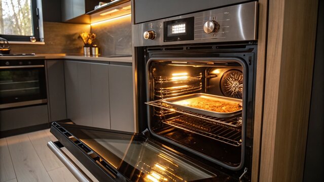 Close-Up Long Exposure of a New Modern Electrical Oven Interior, Showcasing Advanced Features, Sleek Design, and Warm Lighting for Culinary Enthusiasts and Home Chefs