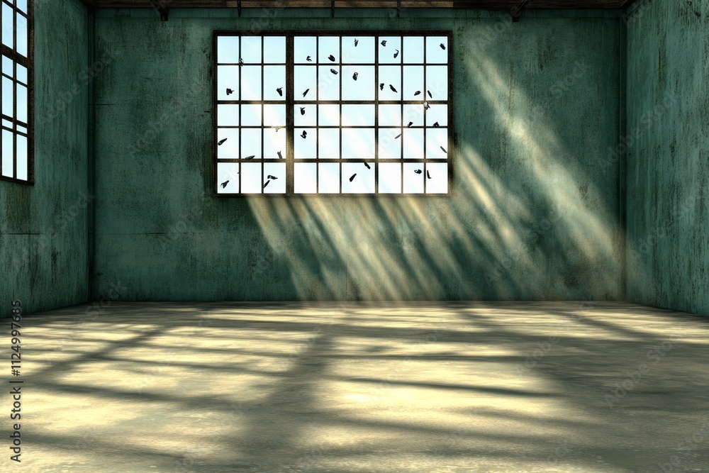 Poster a 3d-rendered image of a dusty old room, with light streaming through broken windows and particles s