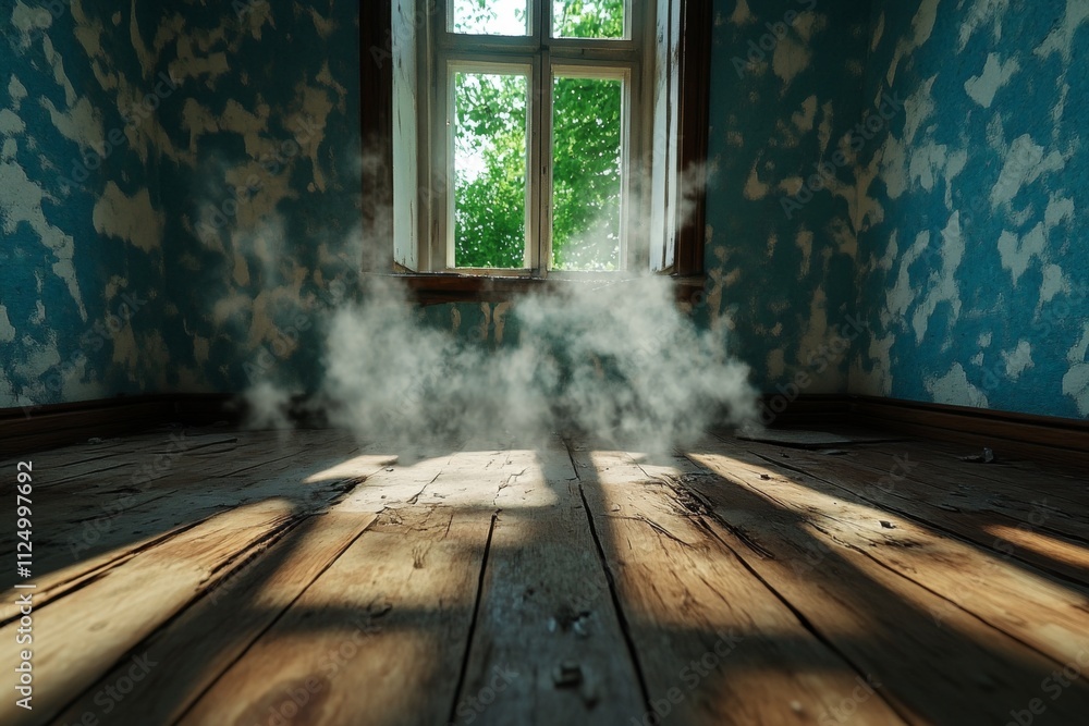 Poster A 3D-rendered image of a dusty old room, with light streaming through broken windows and particles suspended in the air