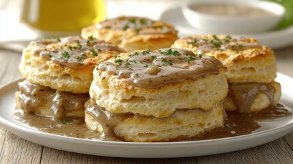 Savoring Biscuits and Gravy Kitchen Table Culinary Delight Cozy Home Close-Up Realistic Flavor Experience
