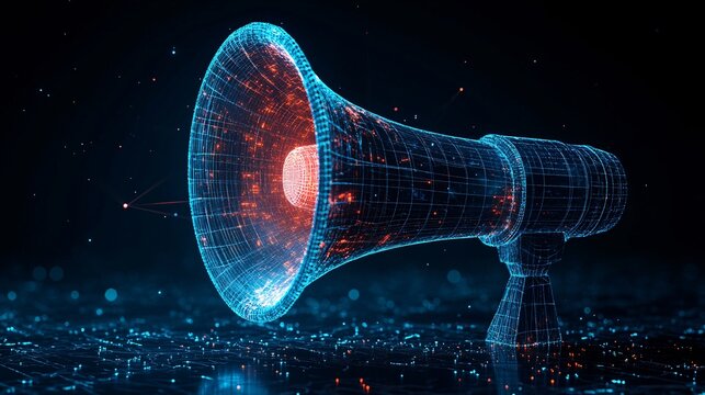 A futuristic digital representation of a megaphone, symbolizing communication and technology with a network-like design.