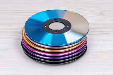 Fototapeta premium A DVD player ejecting a shiny disc, with the light catching the rainbow reflections on its surface