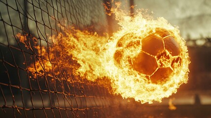 A fiery soccer ball streaks toward the net, creating a dynamic and intense sports moment against a dramatic backdrop.