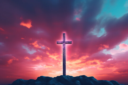 Exceptional Easter concept Cross silhouette on Calvary mountain at sunset