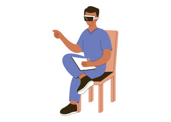 Vector isolated illustration of male healthcare professional wearing VR goggles, holding clipboard while seated. Innovation and technology in medicine. Medical futuristic advancements, virtual reality