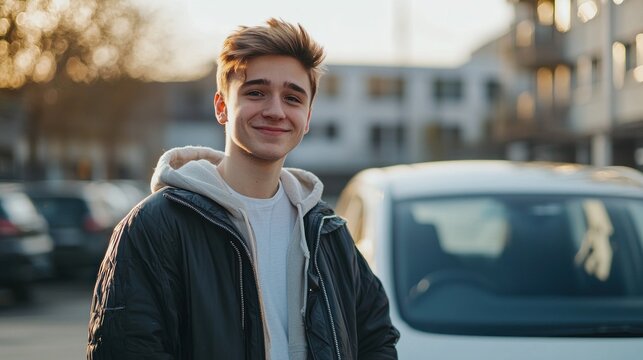 A young driver standing next to a budget-friendly car, smiling and looking pleased with their purchase.
