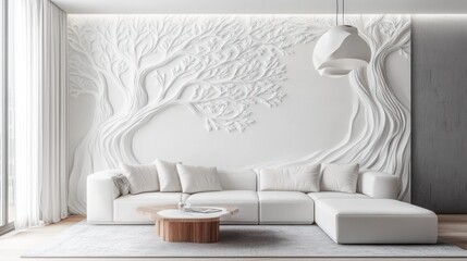 Modern minimalist living room with white sculptural wall art and sectional sofa.