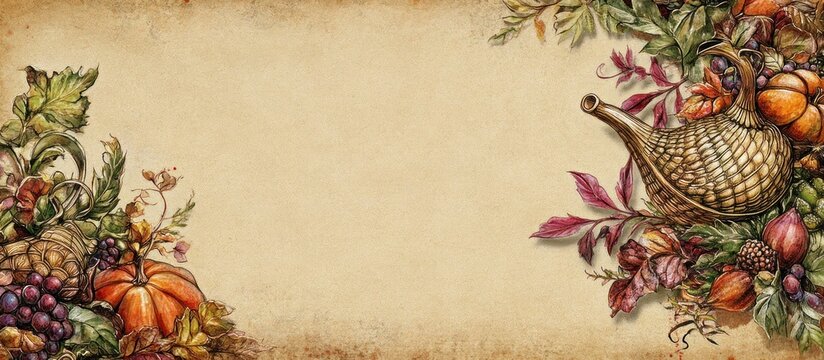 Autumn harvest cornucopia and fall leaves border on parchment background.