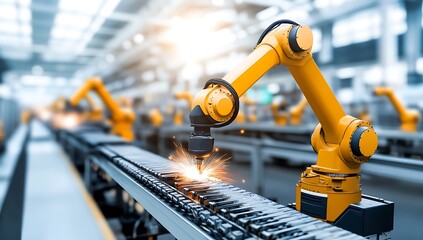 Fototapeta premium Color photo of a robot arm welding metal parts on the production line in an industrial factory.AI GENERATED