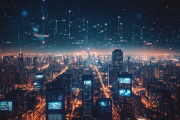 Fototapeta premium Night cityscape with digital network connections overlay.