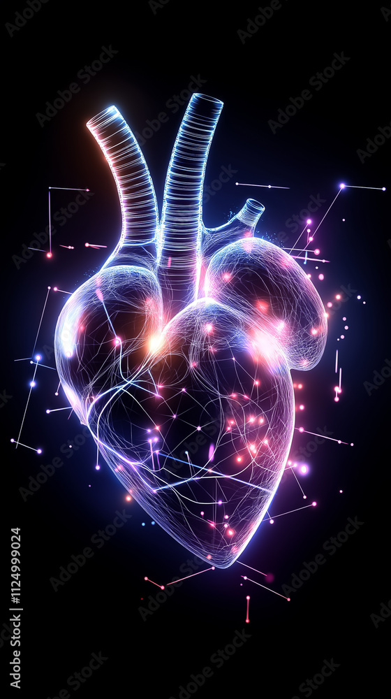 Poster a heart pulse transforms into a vivid landscape, merging technology with nature in a dynamic display