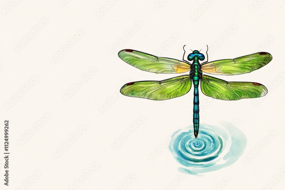 Poster a clean design of a dragonfly resting on a small ripple of water, illustrated in soft tones and mini