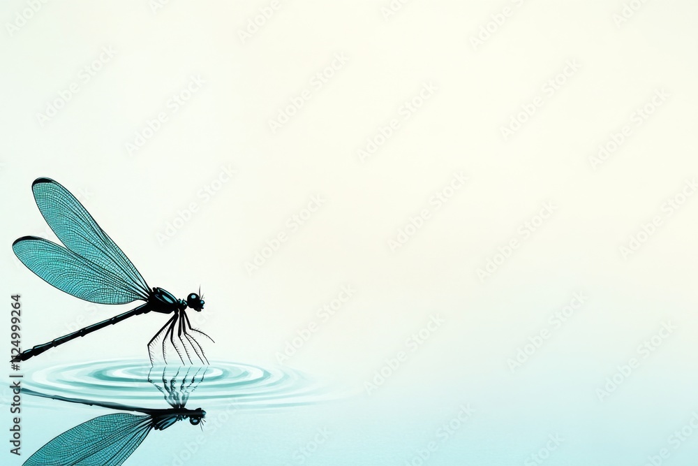 Poster a clean design of a dragonfly resting on a small ripple of water, illustrated in soft tones and mini
