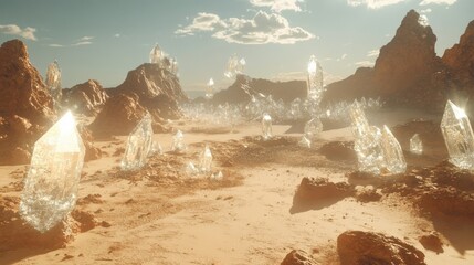 Crystal-studded desert landscape under sunlit sky.