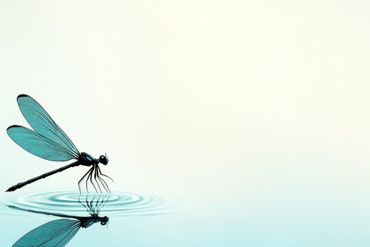 A clean design of a dragonfly resting on a small ripple of water, illustrated in soft tones and minimalist strokes