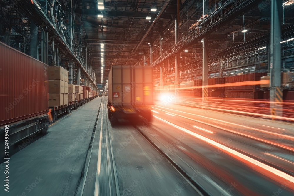 Poster a busy warehouse scene showing a truck with motion blur, indicating fast movement along a transport 