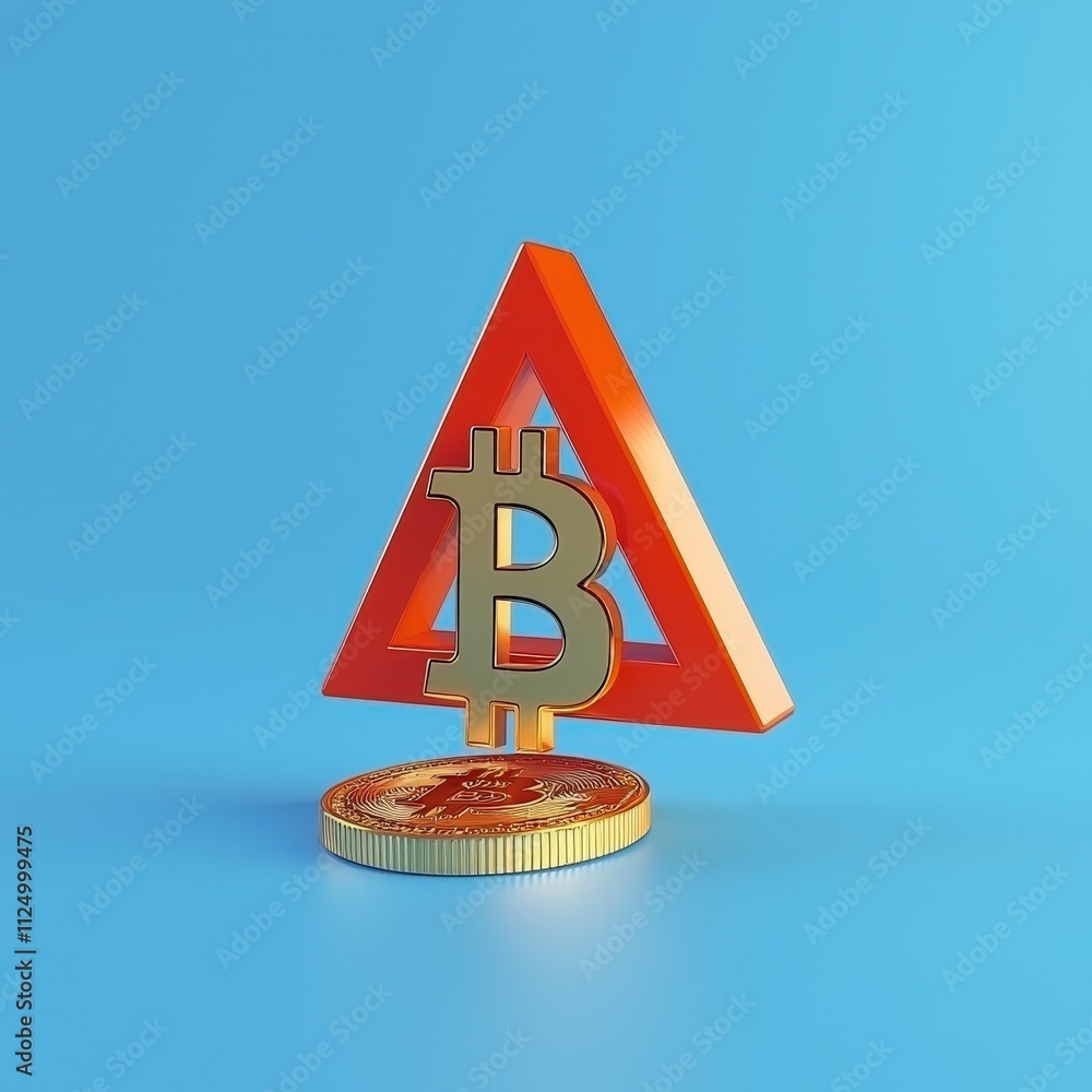 Aufkleber a bitcoin symbol with a red warning triangle hovering over it.