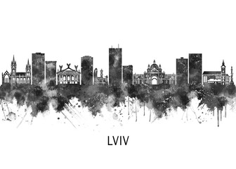 Fototapeta premium Lviv Ukraine Skyline BW, landscape watercolor abstract painting travel illustration urban art modern downtown landmarks skyscrapers artwork