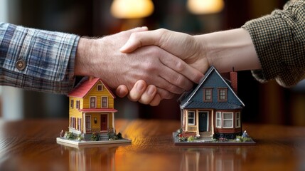 Two people shake hands over miniature houses, symbolizing a real estate deal or agreement.