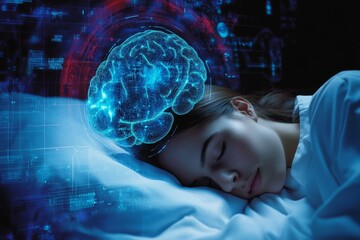 Illustration of Brain with a woman sleeping on a bed in the background , Generative AI