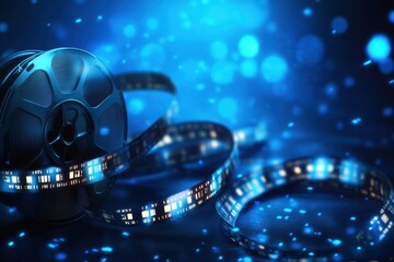 A Digital Blue And Black Film Strip Background With A Camera Reel And Production Frame, Ideal For A Movie Poster Or Advertising Flyer.