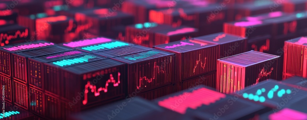 Poster a vibrant, abstract representation of data visualization, featuring glowing blocks with colorful wav